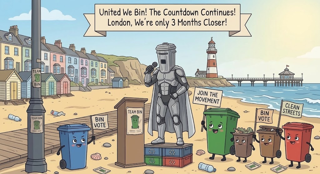 A seaside rally of wheelie bins with placards reading Bin Vote and Clean Streets, under a banner reading United We Bin